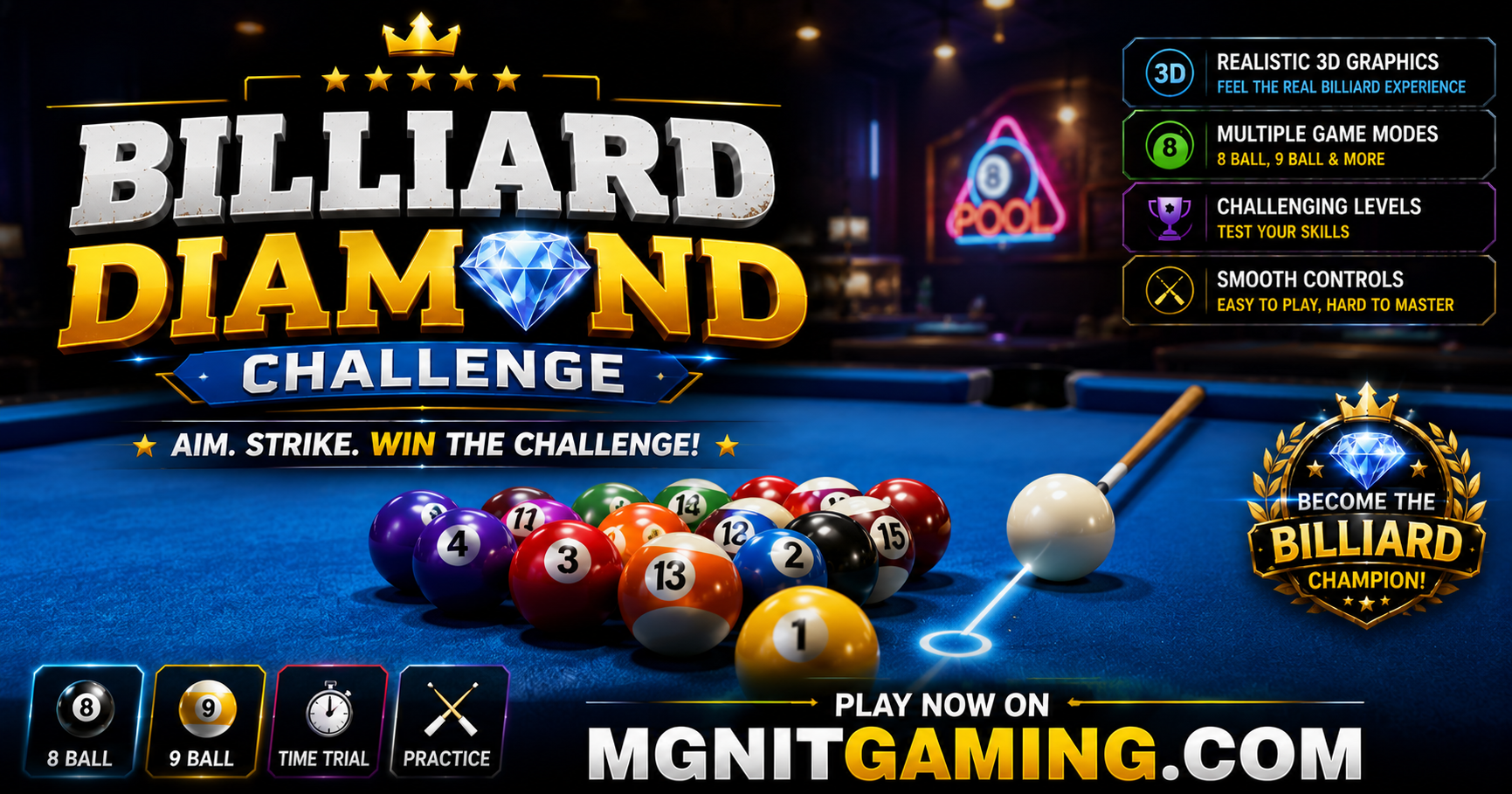  Play Billiard Diamond Challenge Online Free | Fun Free Pool Game for Kids & Adults | MGNiT Gaming